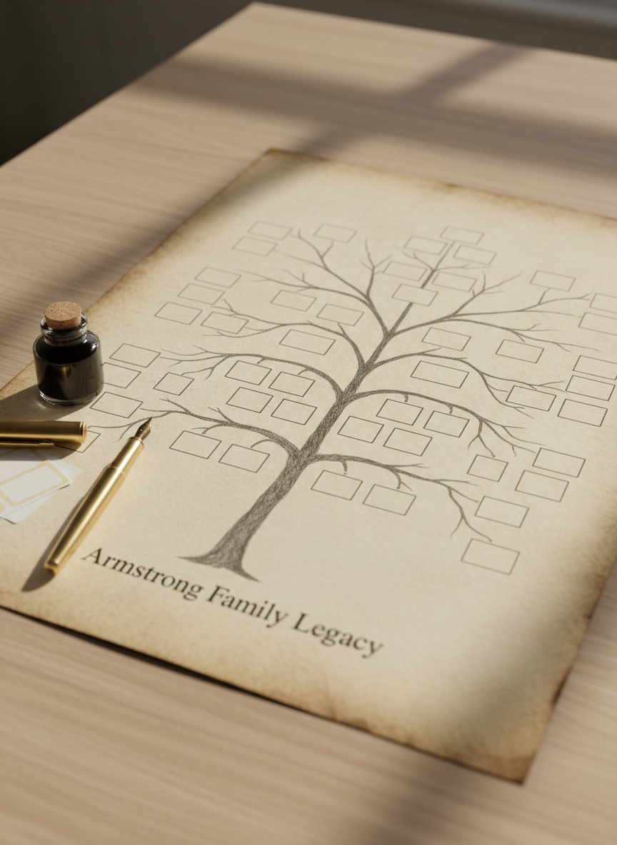 A meticulously designed Armstrong family tree chart displayed on a wide, matte parchment-style poster, laid flat on a light oak table. The chart features elegant branches in subtle charcoal lines with blank, cream-colored name boxes interconnected in a balanced, symmetrical pattern. At the base, the title “Armstrong Family Legacy” appears in refined serif typography. Beside the poster lie a brass fountain pen, a small ink bottle, and adhesive labels, suggesting customization. Soft, directional daylight from the right creates delicate highlights on the paper’s texture and gentle shadows from the pen and ink bottle. Photographic realism, captured from a slightly elevated, three-quarter angle with a shallow depth of field emphasizing the center of the tree, creates a contemplative, dignified mood—perfect for a section encouraging visitors to contribute family history and lineage details.