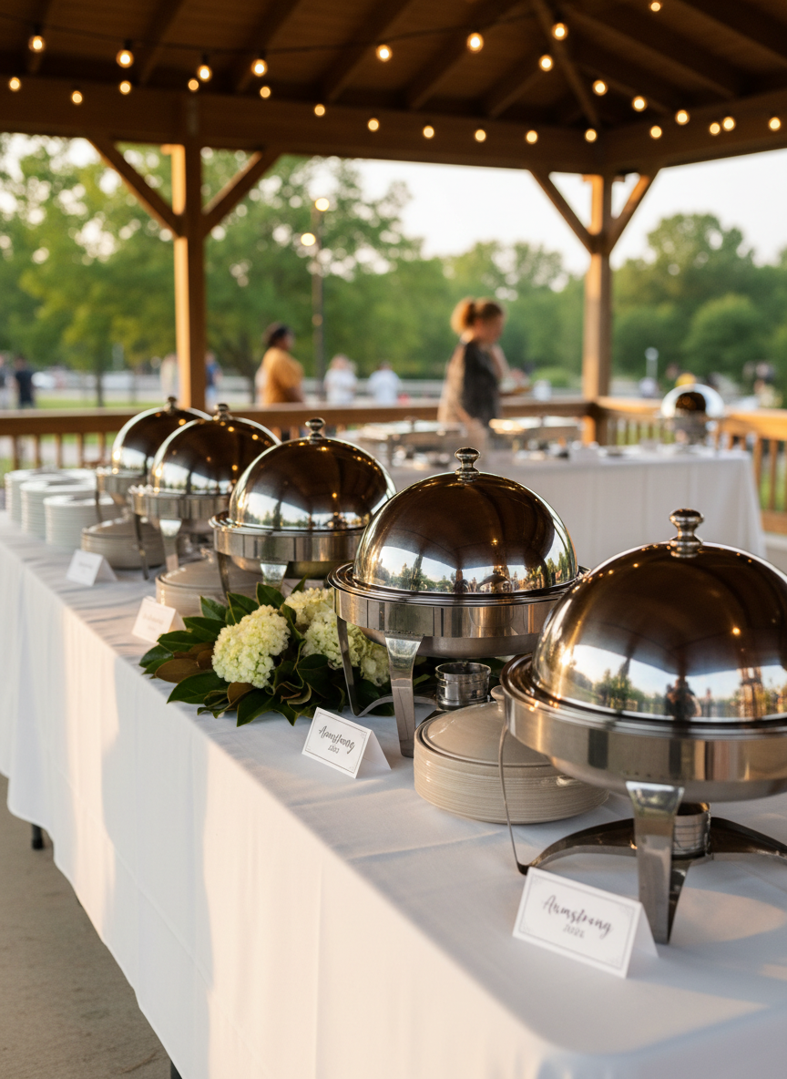 A tastefully arranged Southern-inspired buffet setup for the Armstrong Family Reunion, displayed on a long white-clothed table beneath an open-sided pavilion in a Montgomery, Alabama park. Elegant stainless-steel chafing dishes with polished lids reflect the surroundings, while neutral ceramic serving platters hold generic, non-descript covered dishes to avoid focusing on specific foods. Small, tented menu cards with “Armstrong Reunion 2026” lettering stand neatly in front of each dish. A simple centerpiece of magnolia leaves and white hydrangeas anchors the table. Gentle early evening light filters through the pavilion, complemented by warm overhead string lights, producing a soft glow and subtle highlights. Photographic realism, captured from a three-quarter angle with moderate depth of field, conveys an inviting, upscale dining atmosphere for the site’s meals and catering information section.