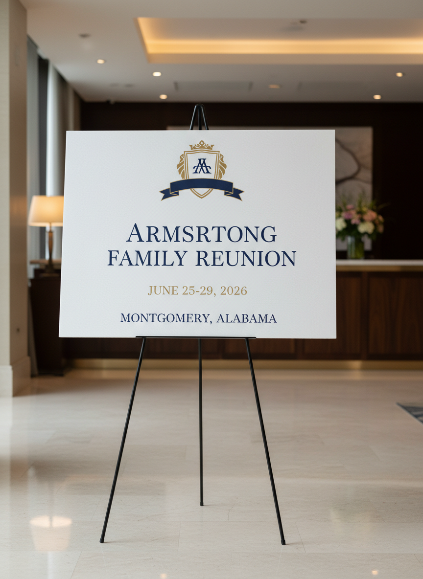An elegant welcome board for the Armstrong Family Reunion 2026, designed as a large, matte-white foam core sign mounted on a slim black metal easel. The sign features tasteful navy and gold typography stating the reunion name, dates, and “Montgomery, Alabama” beneath a subtle family crest motif. It stands in the lobby of an upscale hotel, with polished stone floors and a discreet front desk in soft focus behind. Overhead recessed lighting and gentle daylight from unseen windows create a balanced, diffused glow, adding soft reflections on the floor. Captured in photographic realism from a slightly angled perspective using the rule of thirds, the image feels organized, informative, and sophisticated—perfect for illustrating key details about dates, location, and check-in information on the site.