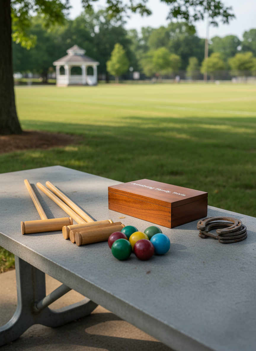 A sophisticated game and activities station prepared for the Armstrong Family Reunion, arranged on a smooth concrete picnic table in a well-kept Montgomery, Alabama park. Classic wooden lawn game pieces—croquet mallets resting beside vividly colored but slightly muted balls, a tidy stack of horseshoes, and a closed box labeled “Family Trivia” in understated lettering—are organized with precision. In the background, a neatly lined field and a distant gazebo appear softly blurred. Late-morning natural light creates crisp yet gentle shadows, emphasizing wood grain and painted surfaces. Photographic realism, shot from a low, slightly angled perspective with the main objects in sharp focus, produces an atmosphere of poised, leisurely fun. The image is ideal for illustrating planned activities and entertainment, while maintaining the site’s sophisticated, polished tone.