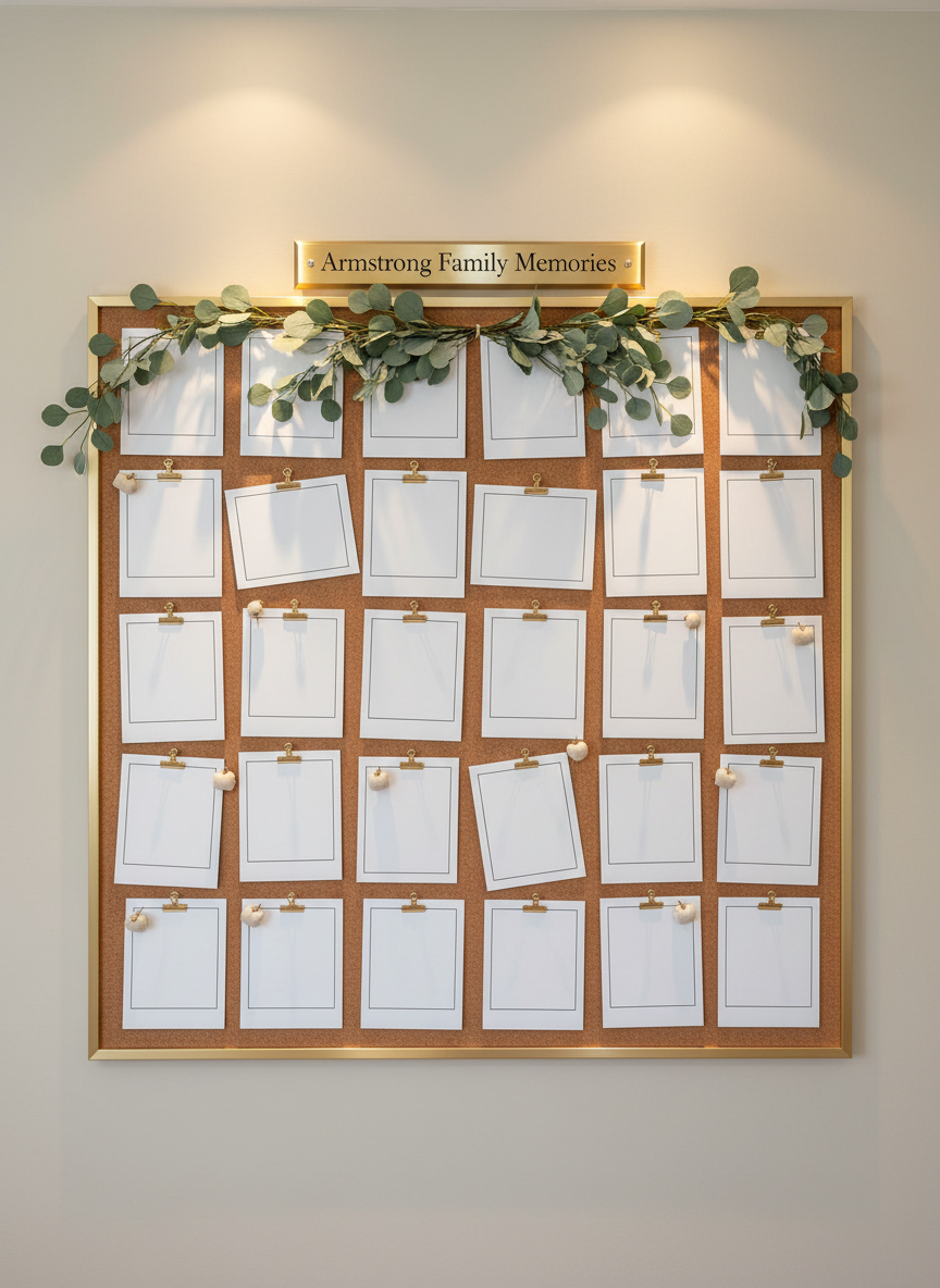 A large, refined corkboard-style photo display labeled “Armstrong Family Memories” in a brushed brass plaque centered at the top. The board is mounted on a light-colored wall and filled with an artful grid of blank, white-bordered photo placeholders in various sizes, each held by small brass clips and linen-covered pushpins. Some placeholders are intentionally slightly tilted to imply informal snapshots. A simple eucalyptus garland drapes gently along the top edge. Soft, warm gallery-style lighting from above washes the board, creating subtle shadows beneath each placeholder and an inviting, nostalgic mood. Photographic realism, shot straight-on with perfect alignment and sharp focus, offers a sophisticated representation of the website’s future photo gallery section, ready to be filled with Armstrong family reunion images.