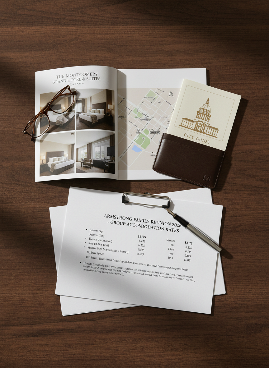 A refined flat-lay composition of accommodation details for the Armstrong Family Reunion, arranged on a dark walnut tabletop. A printed brochure for a Montgomery, Alabama hotel lies open, showing elegant room photos and a small map, alongside a folded city guide, a slim leather key card holder, and a neatly stacked group rate information sheet labeled “Armstrong Family Reunion 2026.” A pair of reading glasses and a silver fountain pen add a touch of sophistication. Soft, indirect window light from the upper left highlights the textures of paper and leather, casting delicate, controlled shadows. Photographic realism, with a top-down bird’s-eye view and sharp focus across the frame, creates a clean, organized image ideal for illustrating lodging, travel, and cost information on the website.