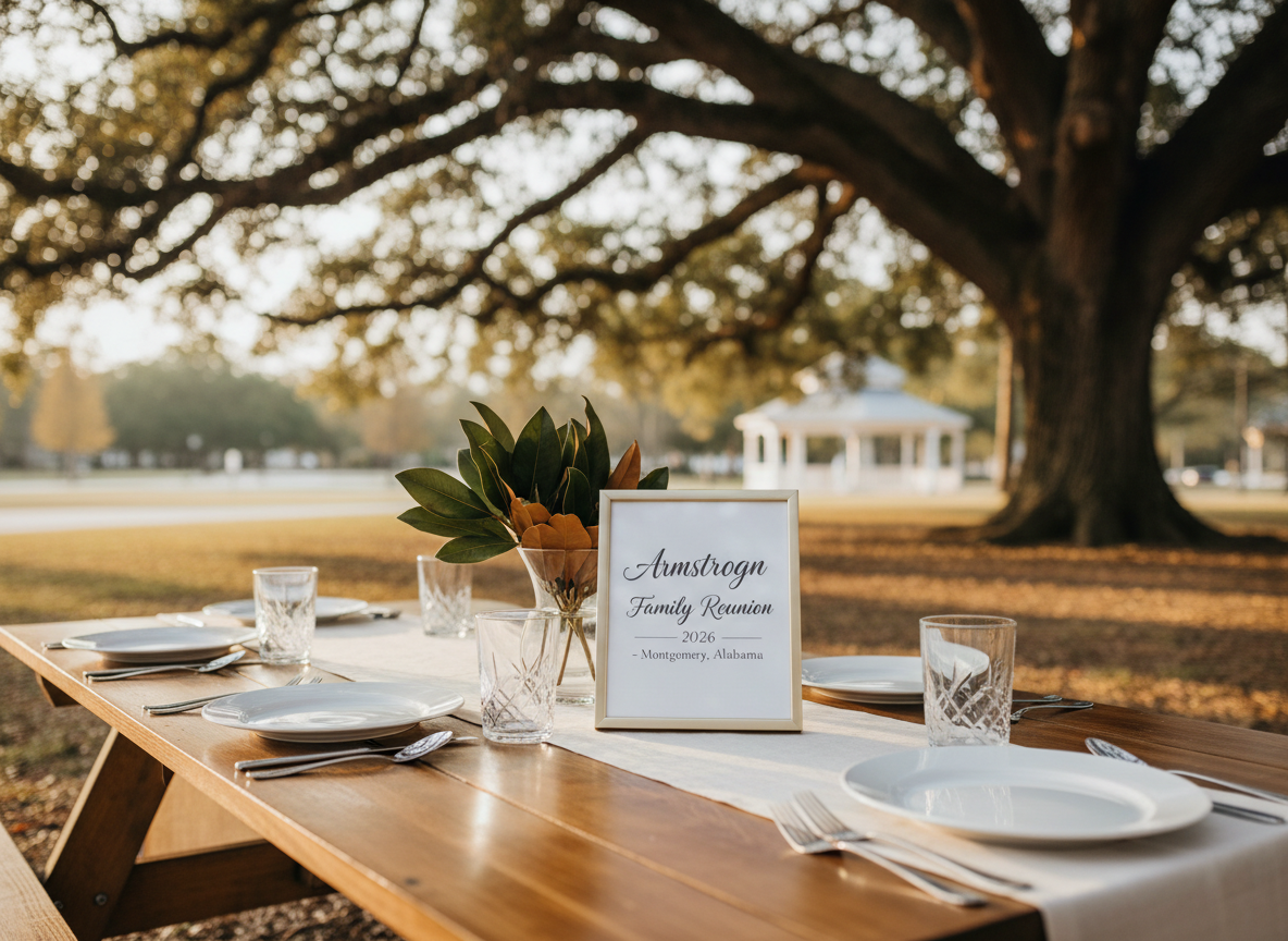 A polished wooden picnic table elegantly set for a family reunion, covered with an ivory linen runner and neatly arranged place settings featuring classic white stoneware plates, brushed stainless-steel flatware, and clear crystal tumblers. At the center, a framed sign reading “Armstrong Family Reunion 2026 – Montgomery, Alabama” in refined script leans against a simple glass vase filled with magnolia leaves. The table sits under a sprawling oak tree in a manicured Southern park. Warm late-afternoon sunlight filters through the branches, casting dappled shadows across the table. Photographic realism, shot at eye level with a shallow depth of field, keeps the sign and tableware in crisp focus while the background trees and distant pavilion blur softly, creating a sophisticated, welcoming atmosphere for the event website’s homepage hero image.