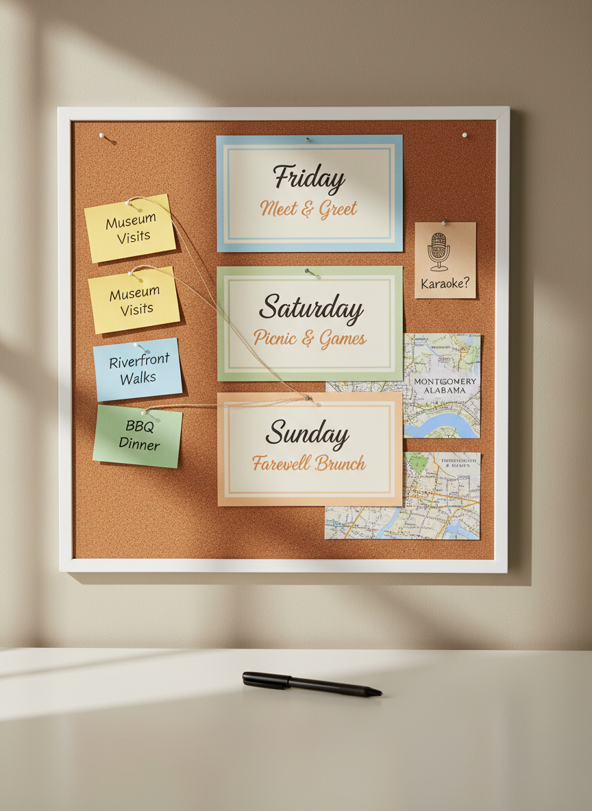 A meticulously arranged cork bulletin board dedicated to the Armstrong Family Reunion planning, mounted on a smooth neutral-colored wall. The board is filled with neatly pinned elements: printed schedules labeled “Friday Meet & Greet,” “Saturday Picnic & Games,” and “Sunday Farewell Brunch,” small maps of Montgomery, Alabama, and color-coded index cards listing activities like museum visits and riverfront walks. Delicate string connects related notes, and a slim black pen rests on a nearby white desk surface. Soft, diffused daylight from an unseen side window illuminates the scene, creating gentle shadows and a calm, organized mood. Photographic realism, captured from a slightly elevated angle with moderate depth of field, keeps the central schedule in focus while the outer notes subtly blur, conveying polished, thoughtful planning for the reunion’s activities page.